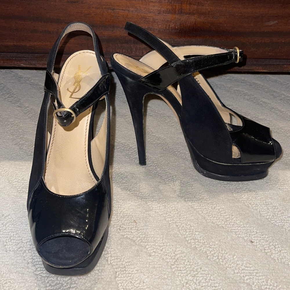 YSL size 38 suede and black patent tribute heel